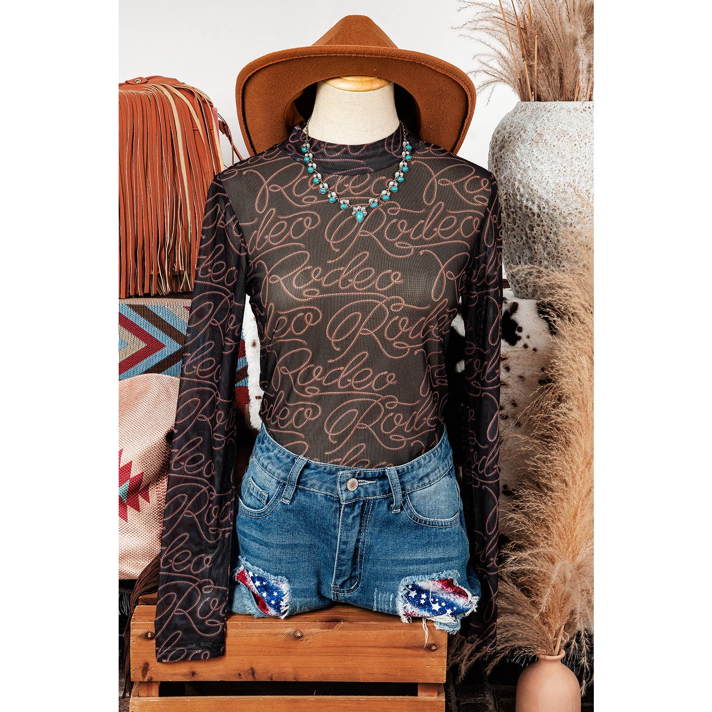 Western Rodeo Mock Neck Long Sleeve Mesh Top(Black) - The Purple Palm Boutique