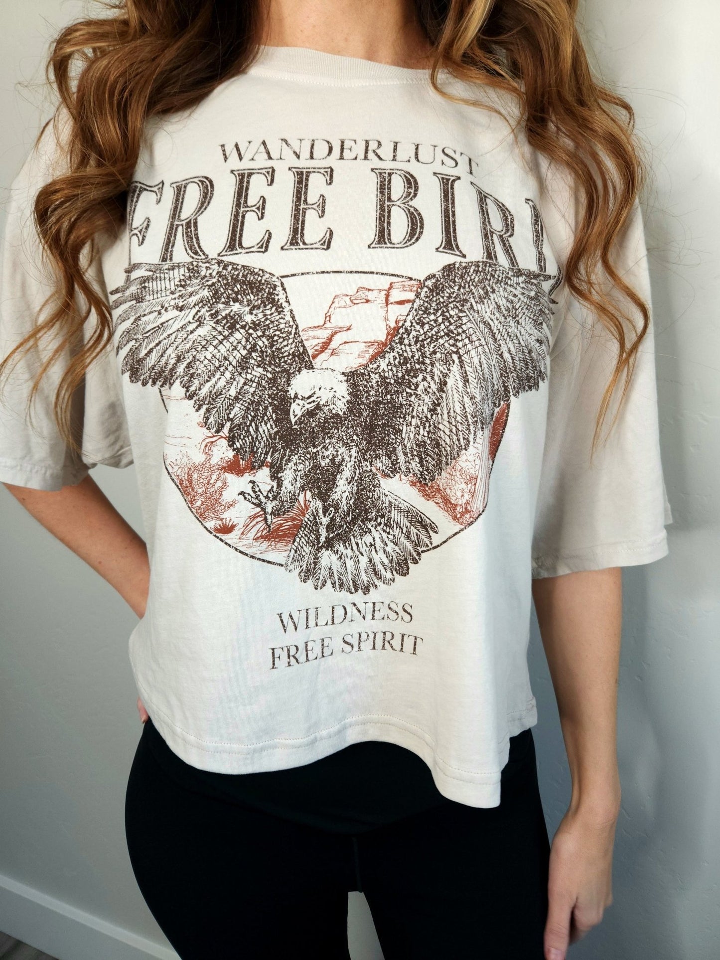 Free Bird Eagle Graphic Long Crop Top (stone) - The Purple Palm Boutique