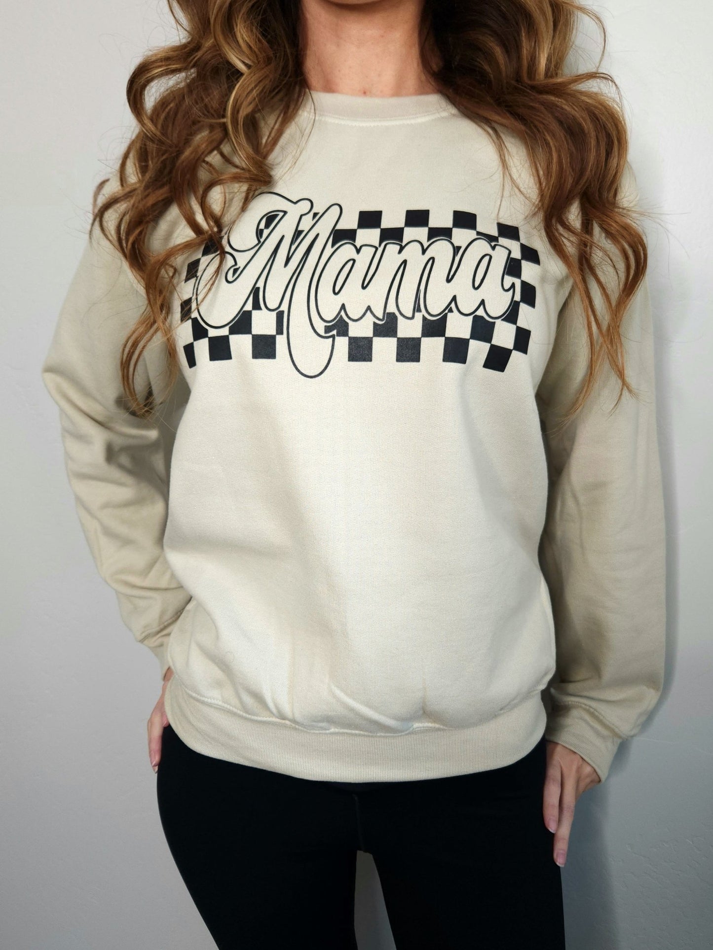 Checkered Mama Sweatshirt (Sand) - The Purple Palm Boutique
