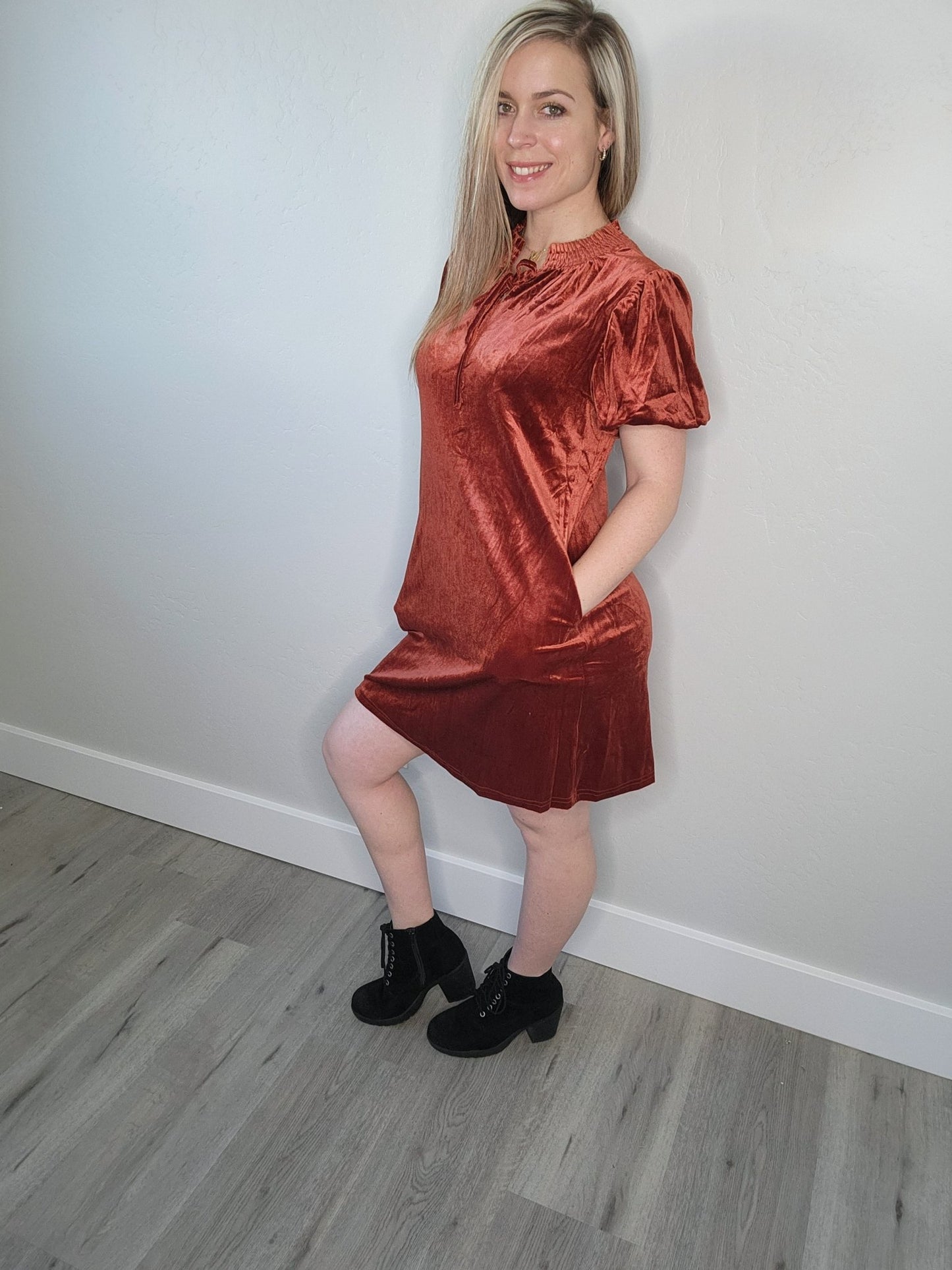 Velvet Smock Neckline Puff Sleeve Mini Dress (Cinnamon) - The Purple Palm Boutique