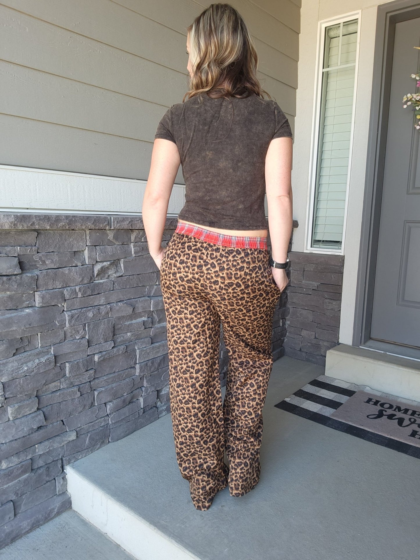 Plaid Flannel Contrast Waistband Leopard Pants (Leopard) - The Purple Palm Boutique