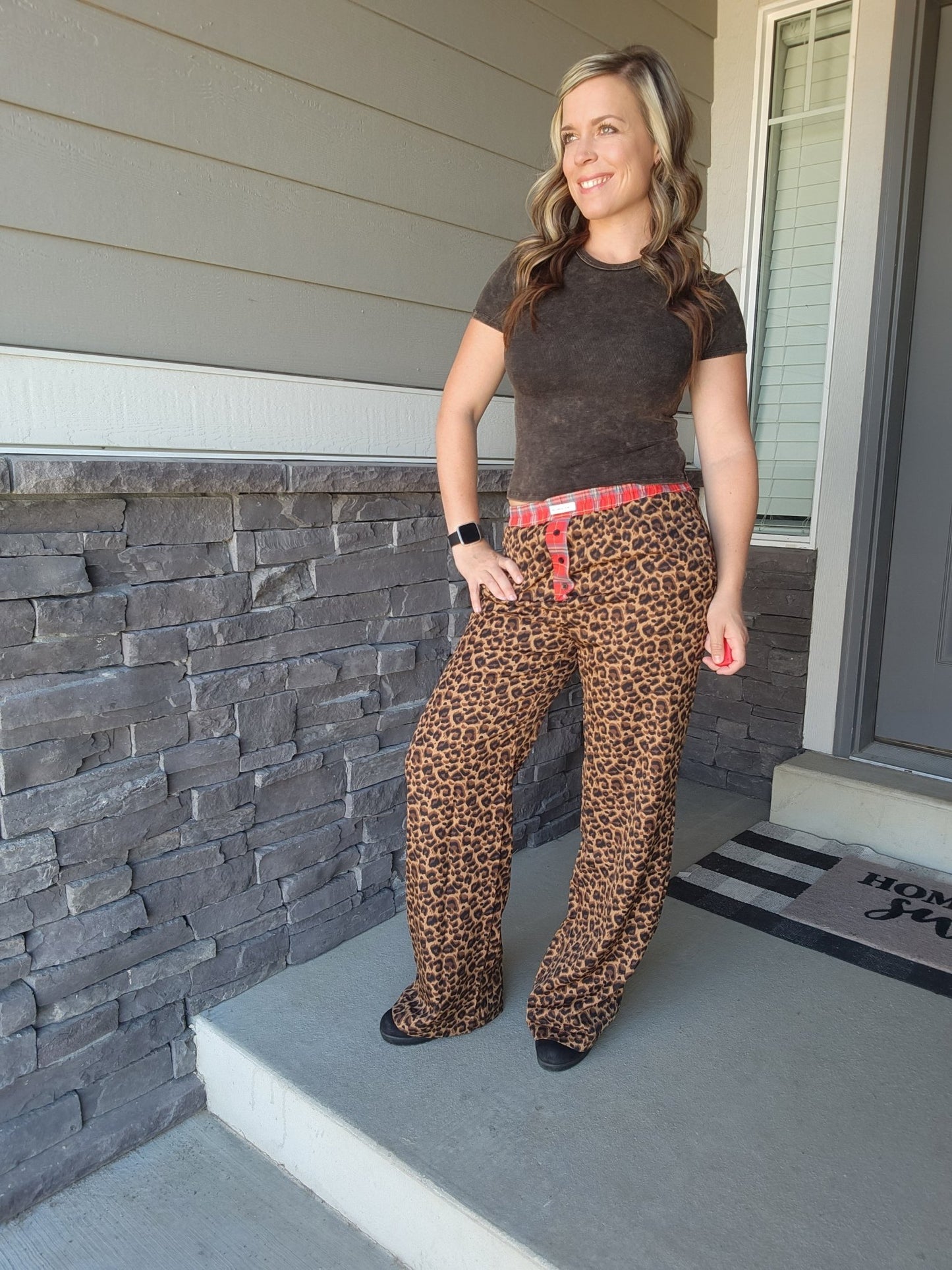 Plaid Flannel Contrast Waistband Leopard Pants (Leopard) - The Purple Palm Boutique