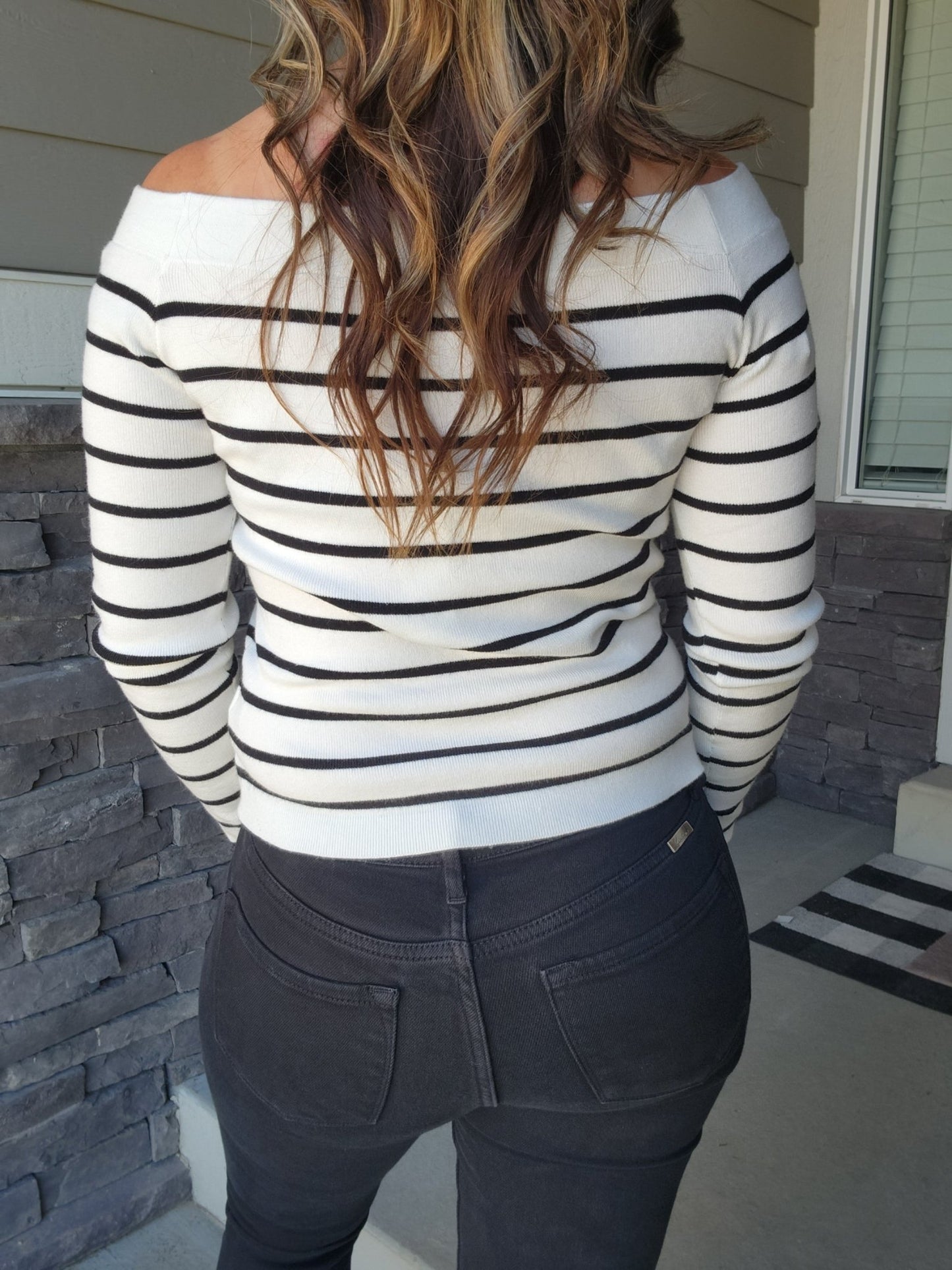 Striped Off the Shoulder Long Sleeved Knit Top (IVORY) - The Purple Palm Boutique