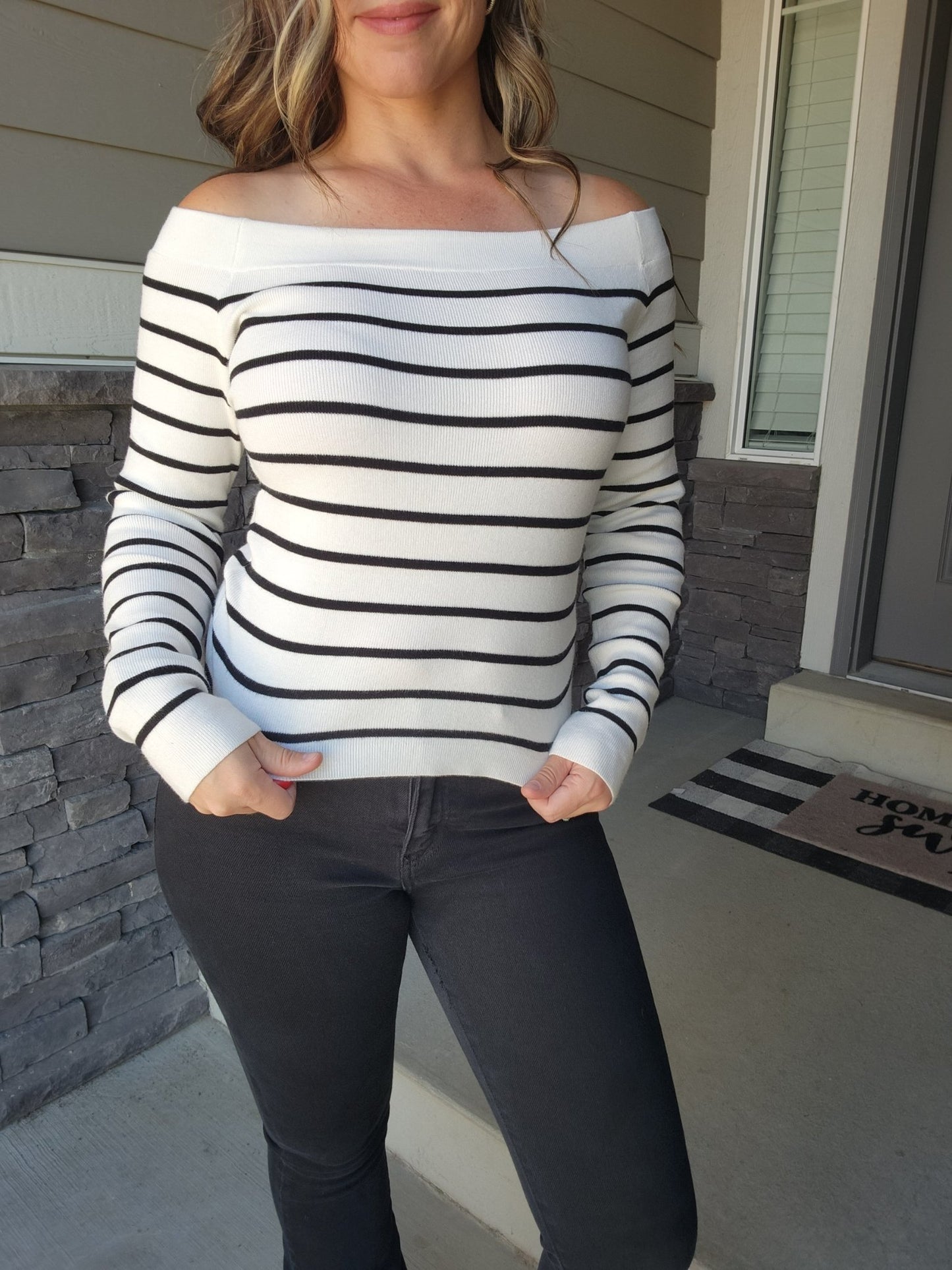 Striped Off the Shoulder Long Sleeved Knit Top (IVORY) - The Purple Palm Boutique