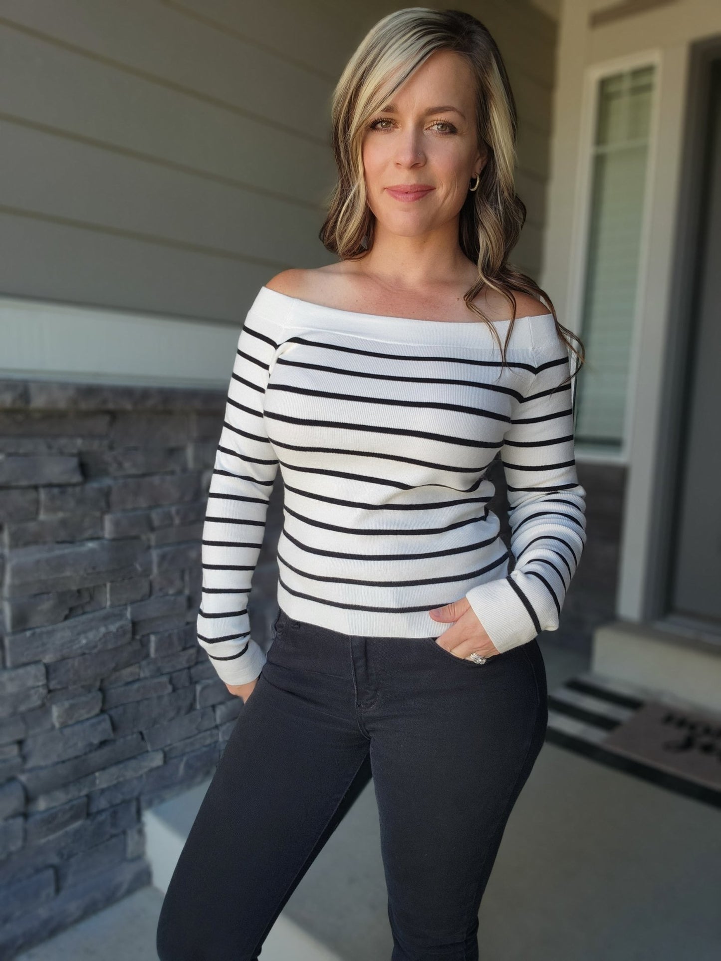 Striped Off the Shoulder Long Sleeved Knit Top (IVORY) - The Purple Palm Boutique