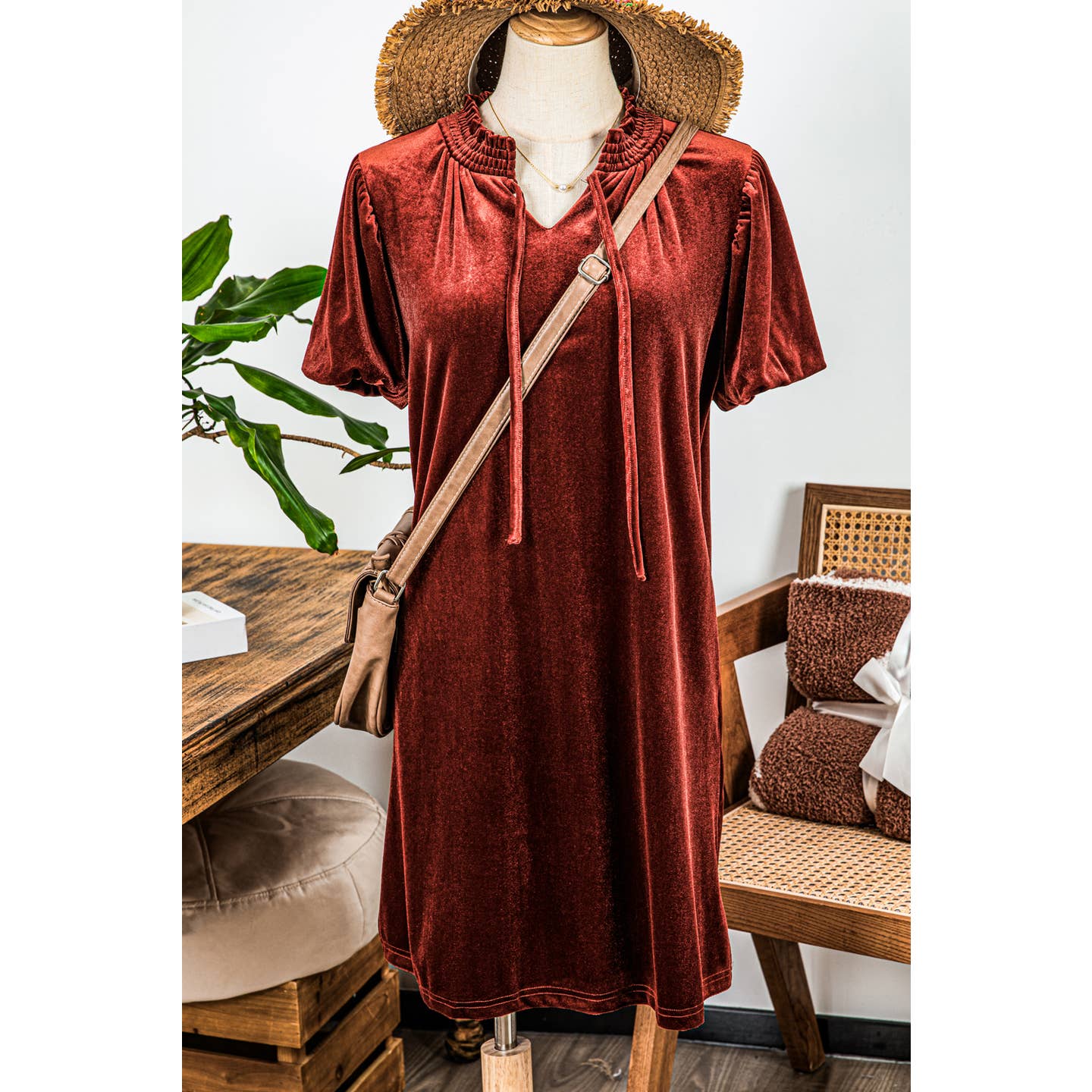 Velvet Smock Neckline Puff Sleeve Mini Dress (Cinnamon) - The Purple Palm Boutique