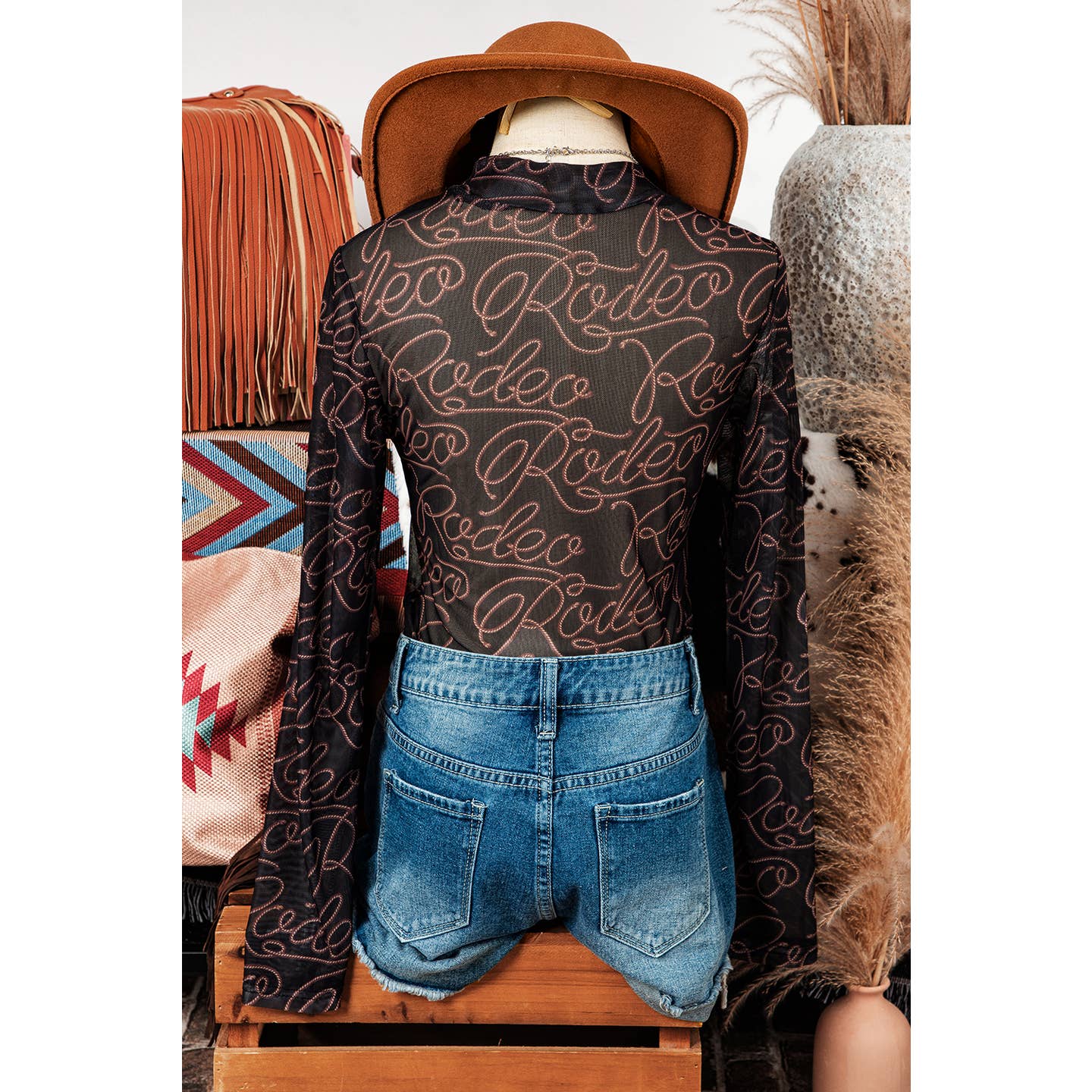 Western Rodeo Mock Neck Long Sleeve Mesh Top(Black) - The Purple Palm Boutique