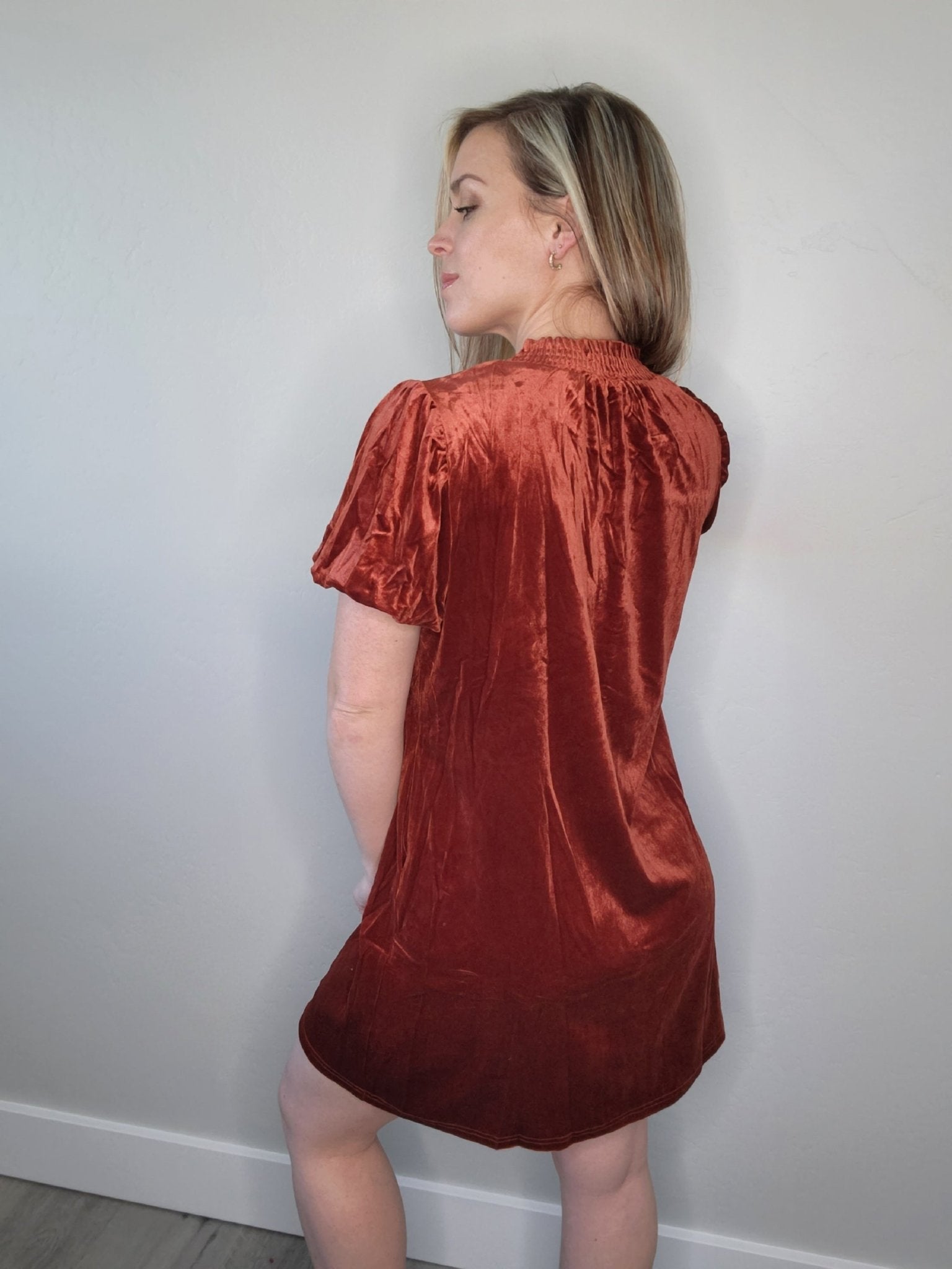 Velvet Smock Neckline Puff Sleeve Mini Dress (Cinnamon) - The Purple Palm Boutique