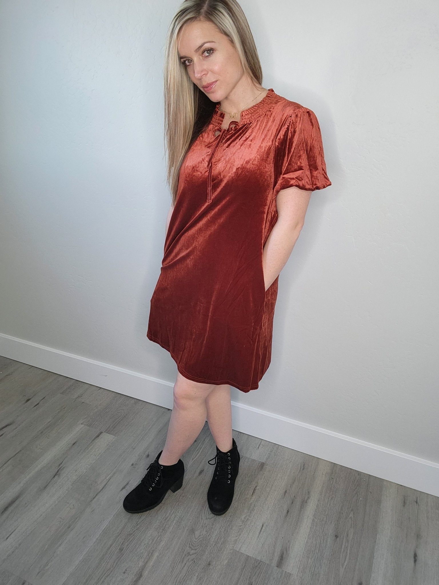 Velvet Smock Neckline Puff Sleeve Mini Dress (Cinnamon) - The Purple Palm Boutique