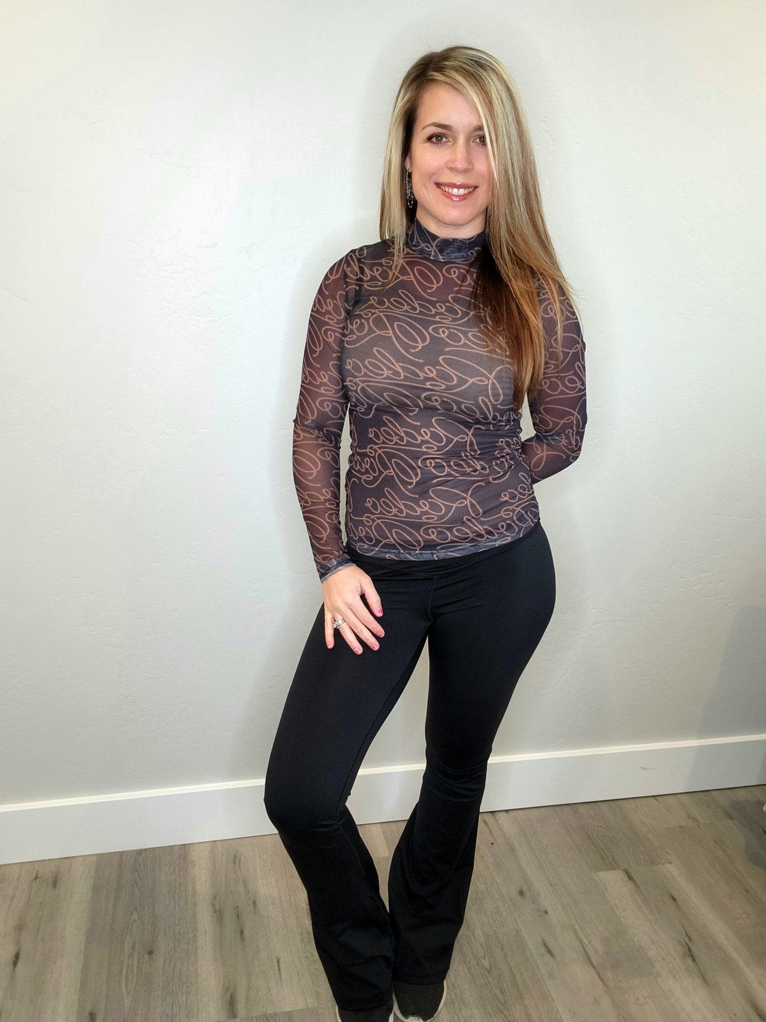 Western Rodeo Mock Neck Long Sleeve Mesh Top(Black) - The Purple Palm Boutique