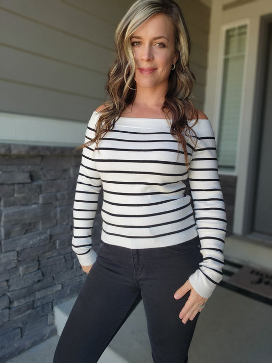 Striped Off the Shoulder Long Sleeved Knit Top (IVORY) - The Purple Palm Boutique